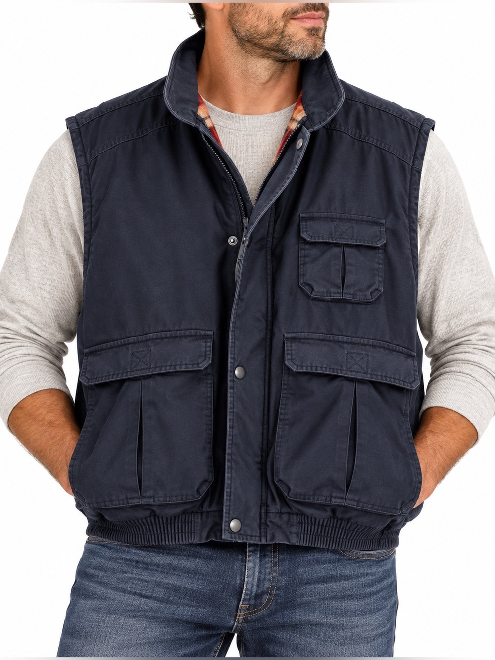 Vintage %100 Cotton North Bay Utility Vest Plaid Lined Multi Pocket Navy
